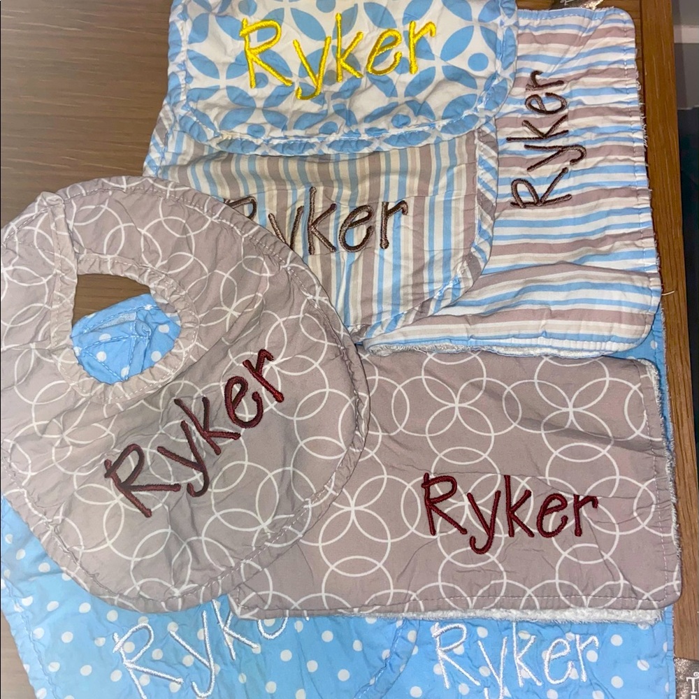 Ryker monogrammed bibs and burp cloths